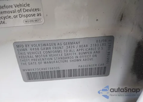 2008 Volkswagen Passat Lux from USA, damaged, VIN WVWEK73CX8E198325